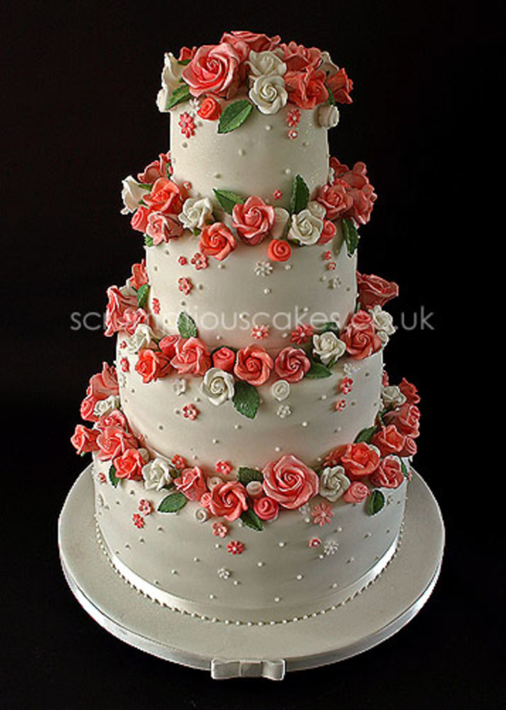 Coral and White Sugar Roses Wedding Cake