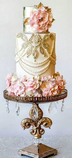 Elegant Cream, Gold and Pink Wedding Cake