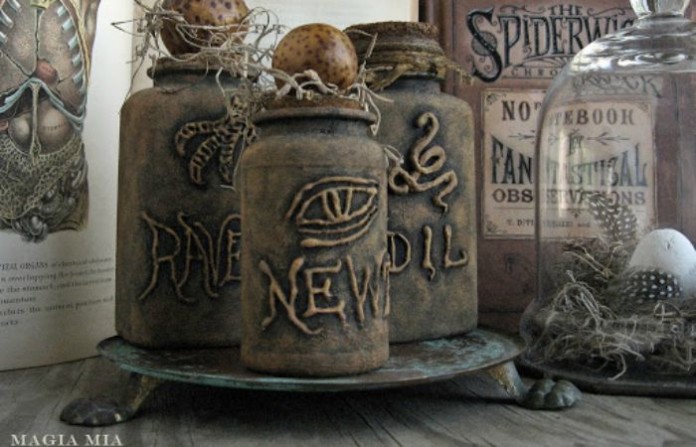Witch’s potion bottles from tin cans and plastic medicine bottles