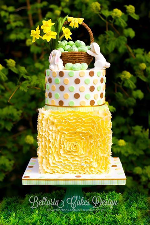 Yellow Ruffles and Speckled Green Easter Eggs Cake