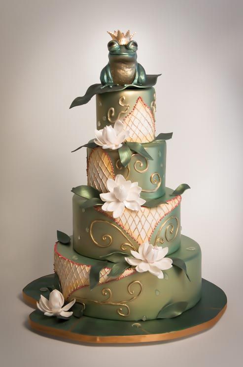 A Pearlescent Frog Prince Awaits Atop a Water Lily-Covered Cake